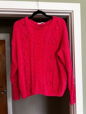 Impressions Cable Knit Crewneck Sweater in Hot Pink
